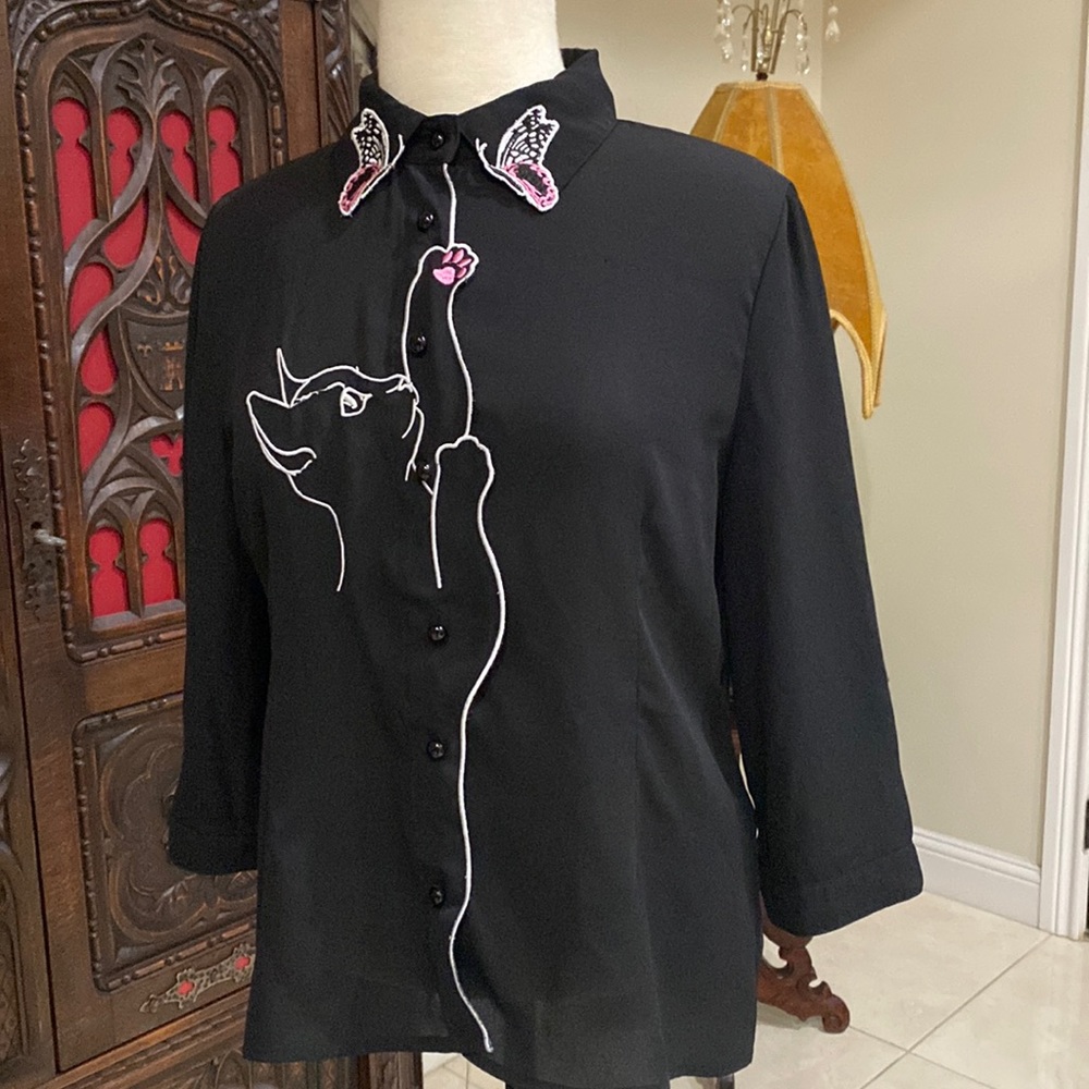 Dancing Days pinup embroidery kitty butterflies Modcloth top XL